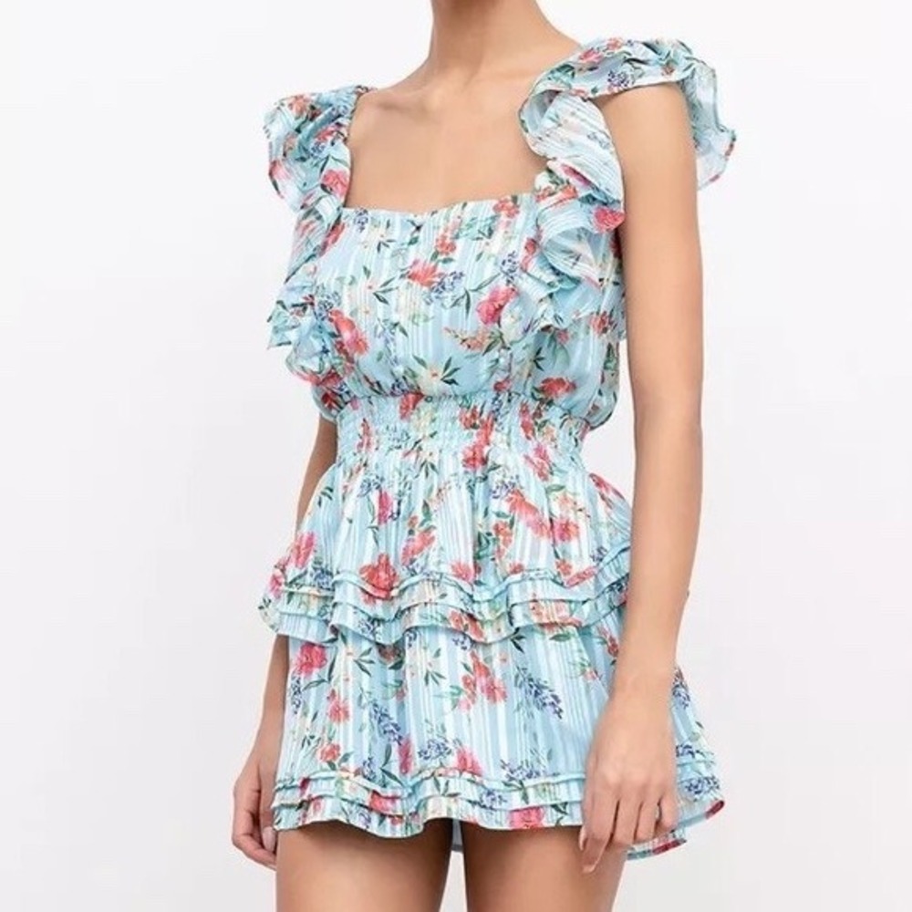 Yumi Kim Eden Floral Lurex Stripe Ruffle Mini Dress Mulberry Angel‎ Blue XS